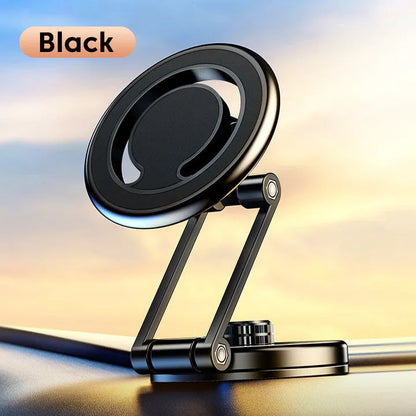 Black telescopic car phone holder extended on a car dashboard, showing phone attached with magnetic mount.