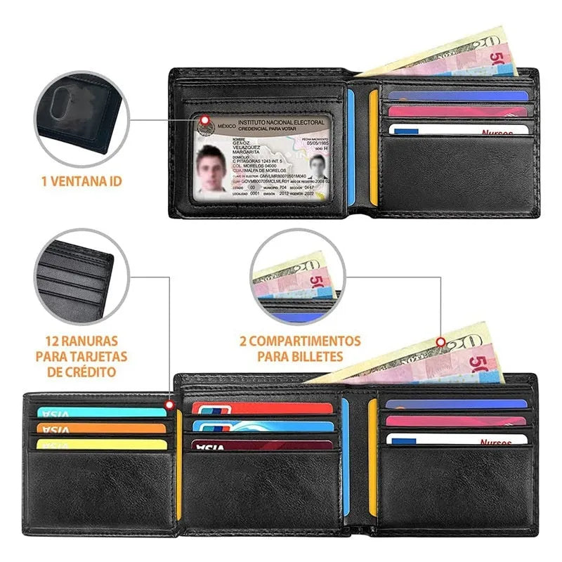 Men's black carbon fiber anti-magnetic wallet with PU leather outer, microfiber lining, and sewing line detail