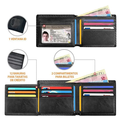 Men's black carbon fiber anti-magnetic wallet with PU leather outer, microfiber lining, and sewing line detail