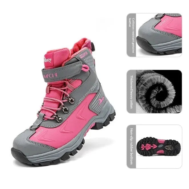 Winter anti-slip snow boots for older children, cow suede nubuck upper, Velcro strap, army green colour