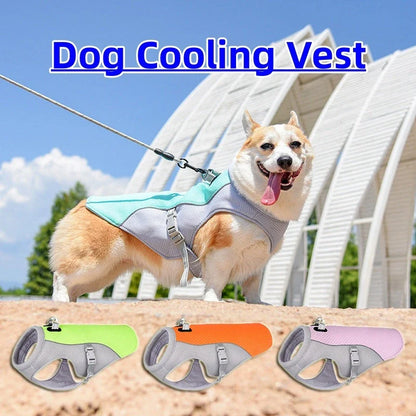 A breathable dog cooling vest with a layered design to reflect heat and facilitate evaporative cooling, available in various colors and sizes.
