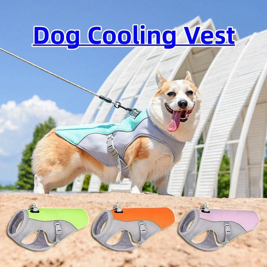 A breathable dog cooling vest with a layered design to reflect heat and facilitate evaporative cooling, available in various colors and sizes.