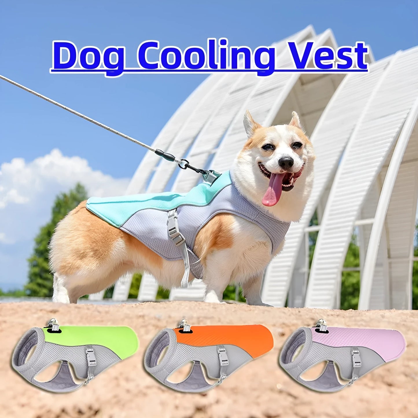 Orange polyester dog cooling vest with layered construction for evaporative cooling and UV protection.