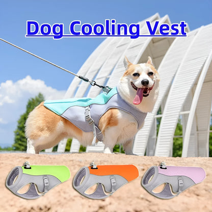 Orange polyester dog cooling vest with layered construction for evaporative cooling and UV protection.