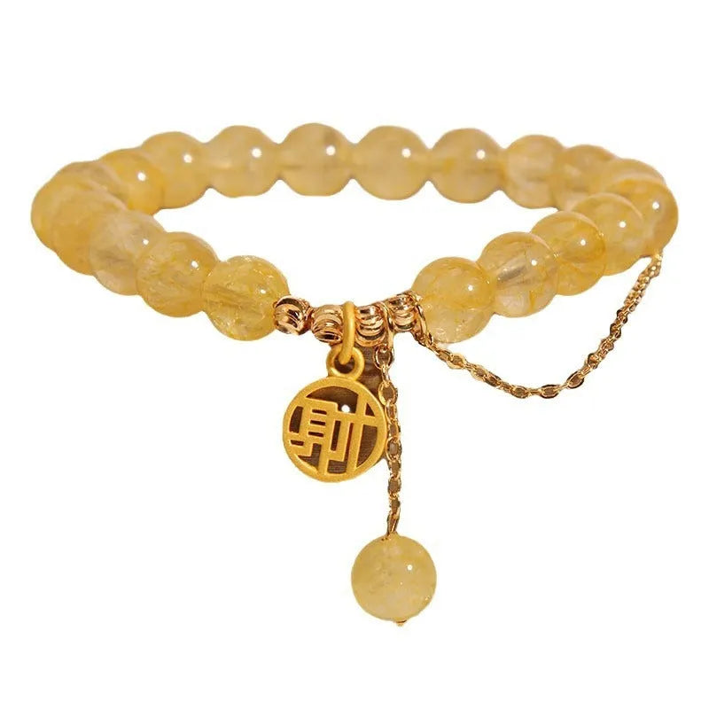 Natural stone citrine bracelet with Chinese character design and decorative tassel for women