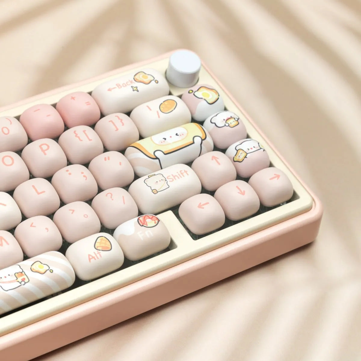 Full set of white PBT key caps with steamed bread and bear character designs for mechanical keyboards.