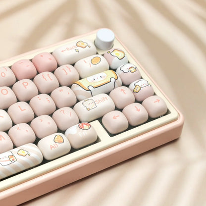 Full set of white PBT key caps with steamed bread and bear character designs for mechanical keyboards.