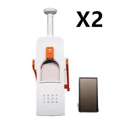 Orange multifunctional vegetable cutter kitchen tool with mandoline blades on a countertop.