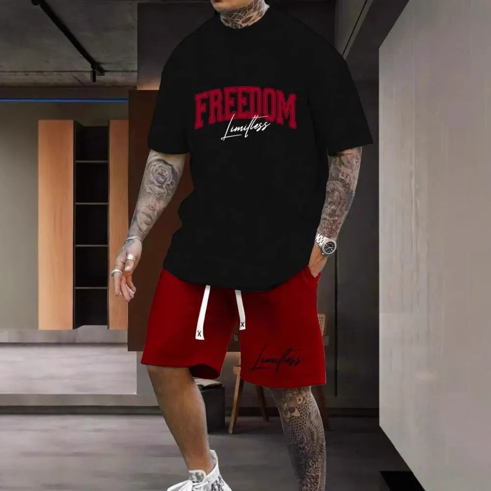 Men's grey 3D printed letter design sports suit consisting of a short sleeve top and matching shorts