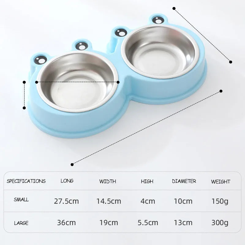 Stainless steel pet bowl with frog design and two compartments for food and water.