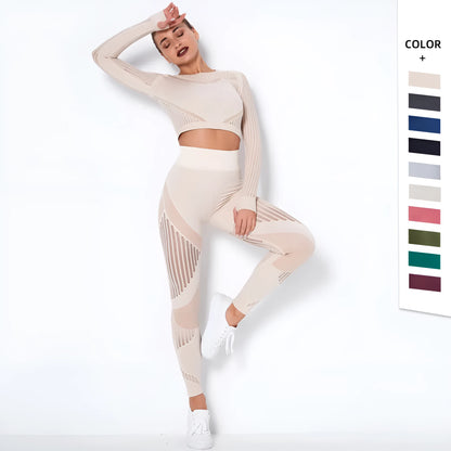 Seamless knitted yoga wearsuit for women in long-sleeved design with stripe pattern