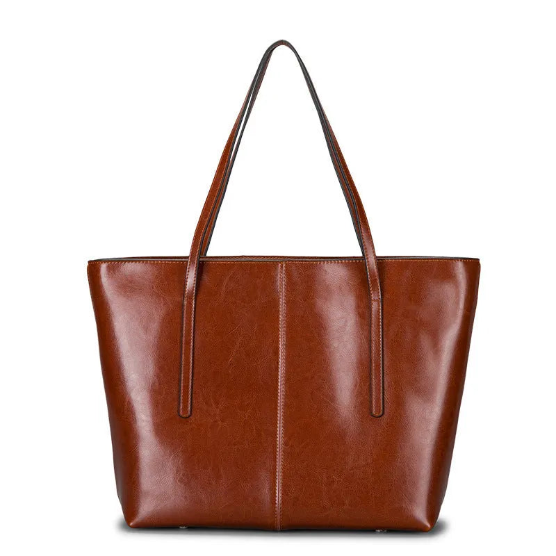 Genuine leather women's shoulder bag in retro style with multiple internal compartments and slit outer pocket