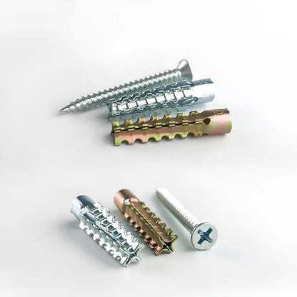 Barbed serrated metal expansion screw anchor for brick and concrete walls in various sizes.