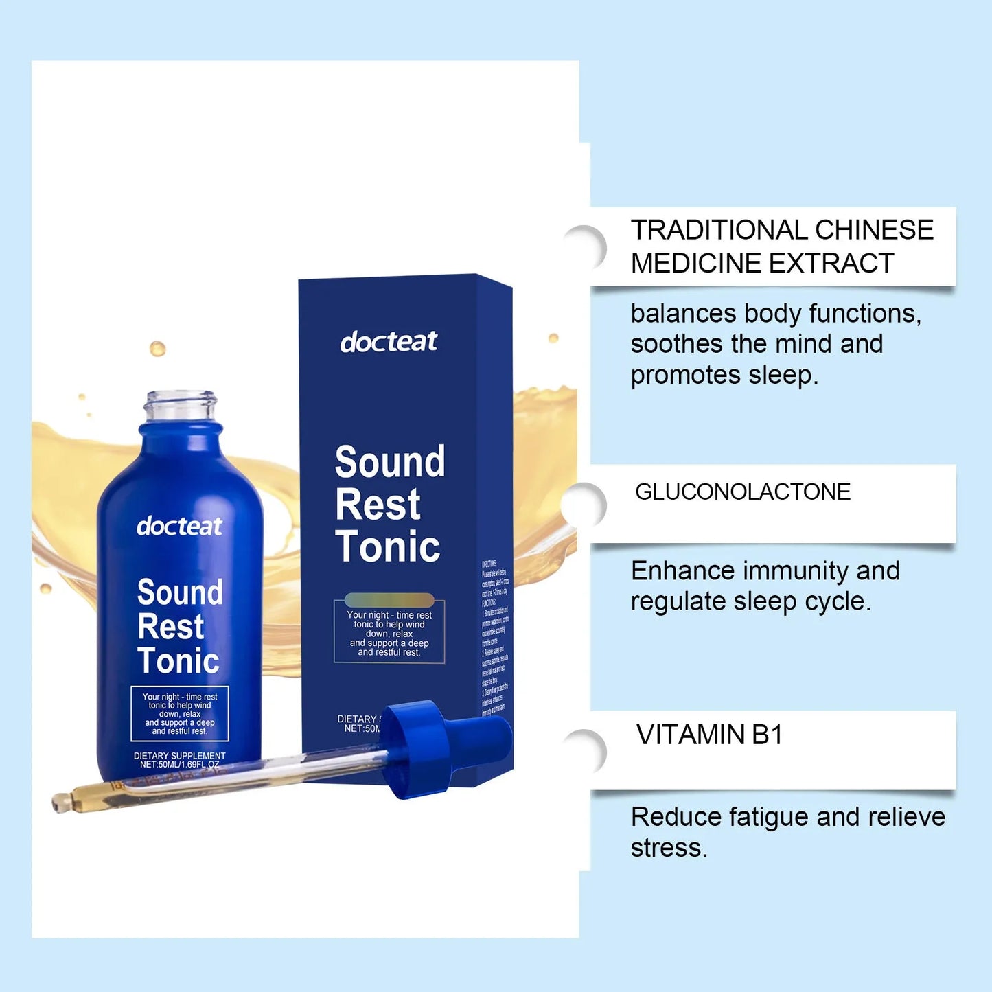 50ml bottle of sleep support liquid drops with dropper for dosage measurement