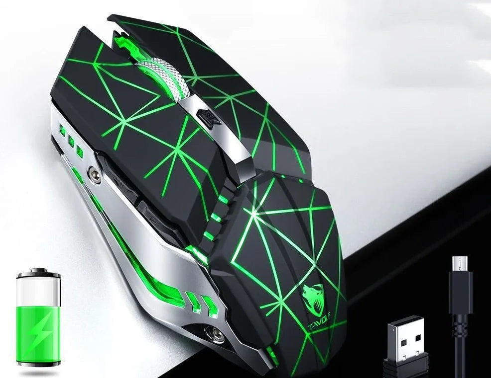 Black wireless silent glowing gaming mouse, 15x10x5.1cm, 3000 DPI optical sensor with RGB lights