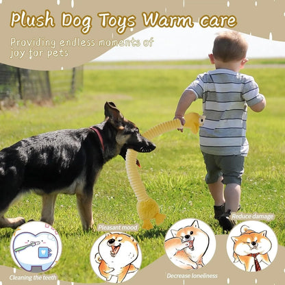Brown, grey, and yellow plush dog toys with squeaky and crinkle features.