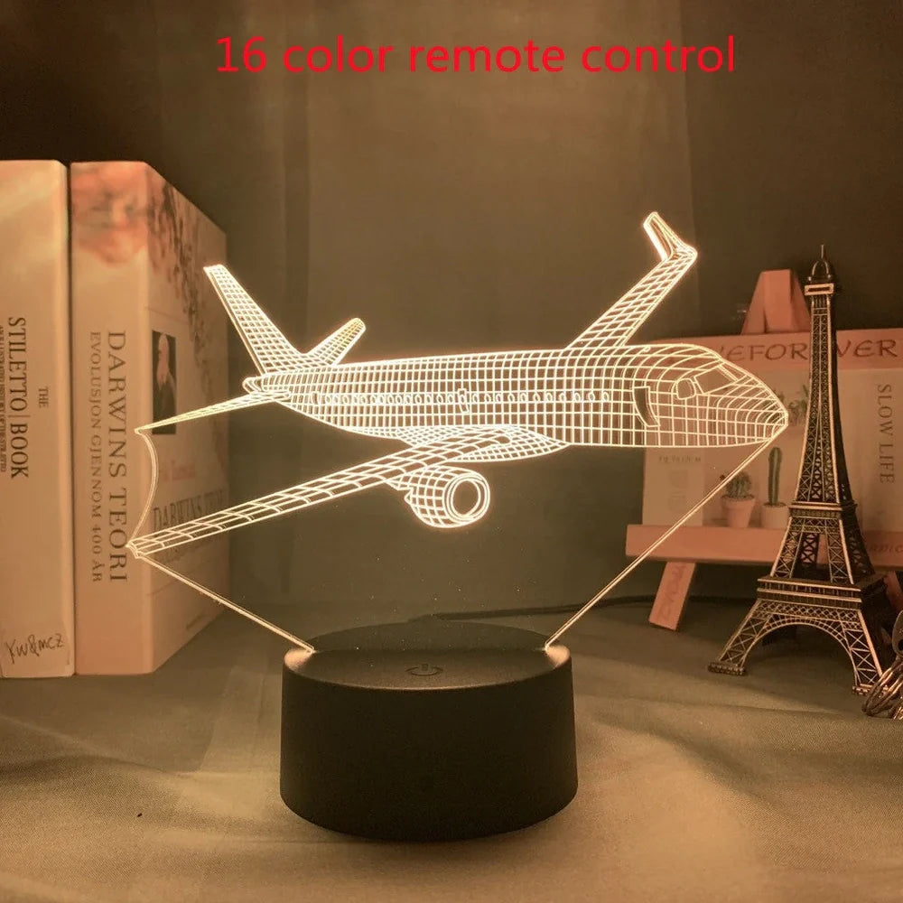 Custom 3D aeroplane hologram night light with personalised name, showing optical acrylic panel and ABS base