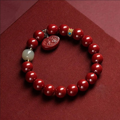 Natural cinnabar emperor sandstone bracelet with Ping An Fu Lu design in 8mm or 10mm size