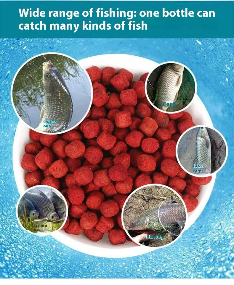 Grass green crucian carp fishing bait particles in bottle packaging for freshwater angling