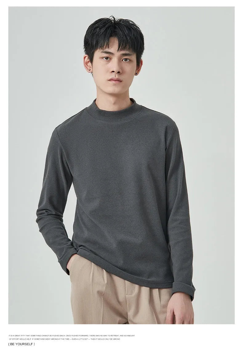 Men's brown half-high collar long sleeve t-shirt in Dralon fabric for autumn winter wear