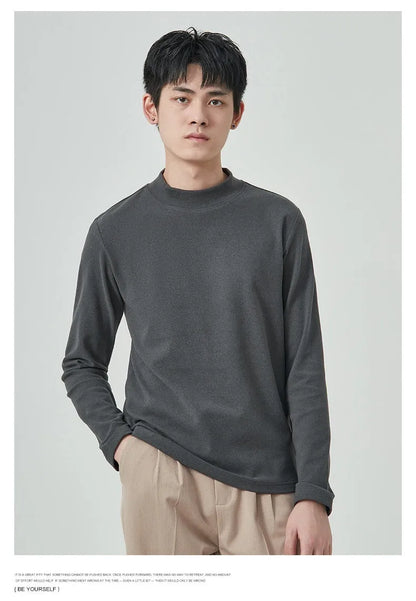 Men's brown half-high collar long sleeve t-shirt in Dralon fabric for autumn winter wear