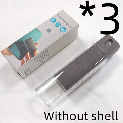 Portable all-in-one screen cleaner kit with protective shell, microfiber wipe, and internal fluid bottle.