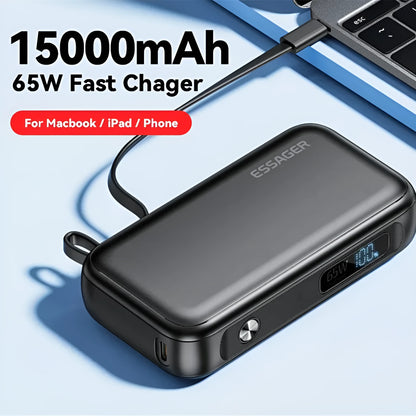 Black 15000mAh power bank with digital display, 65W Type-C output, 60W input, and USB-A port