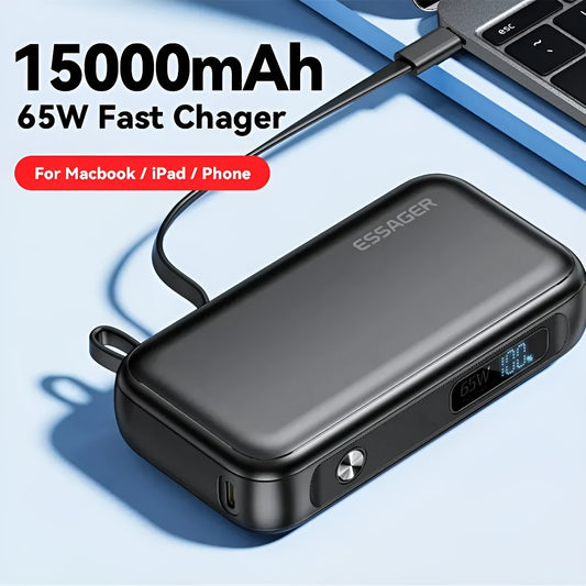 Black 15000mAh power bank with digital display, 65W Type-C output, 60W input, and USB-A port