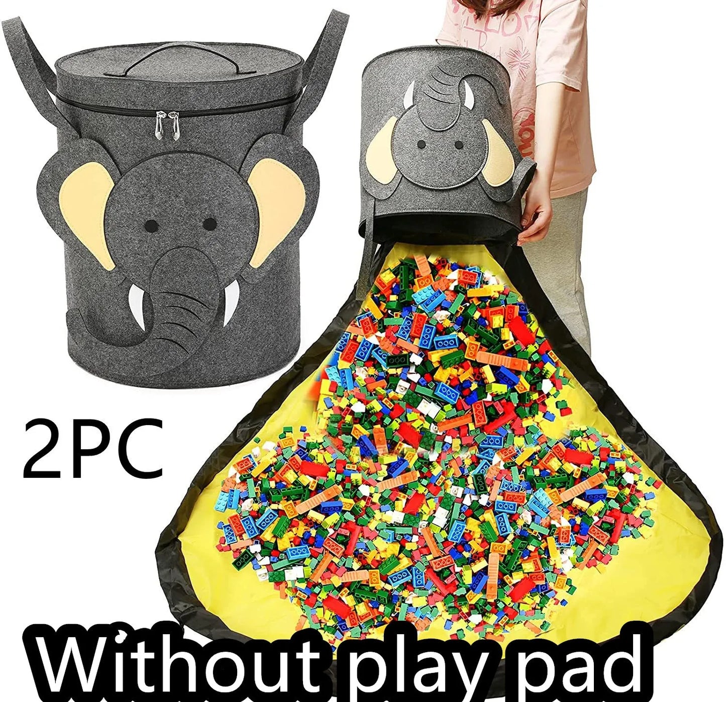 Green felt storage cube with pull rope, unfolded flat as a square play mat next to toys.
