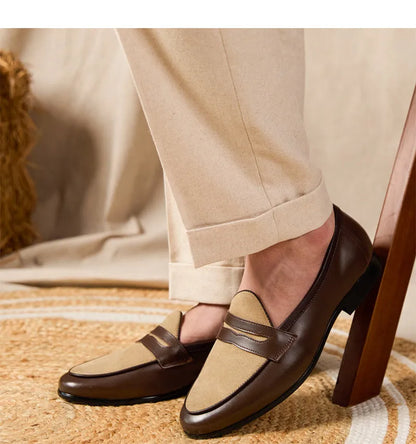 Men's coffee grey suede leather loafers with a kick-on closure, shown on a white background.