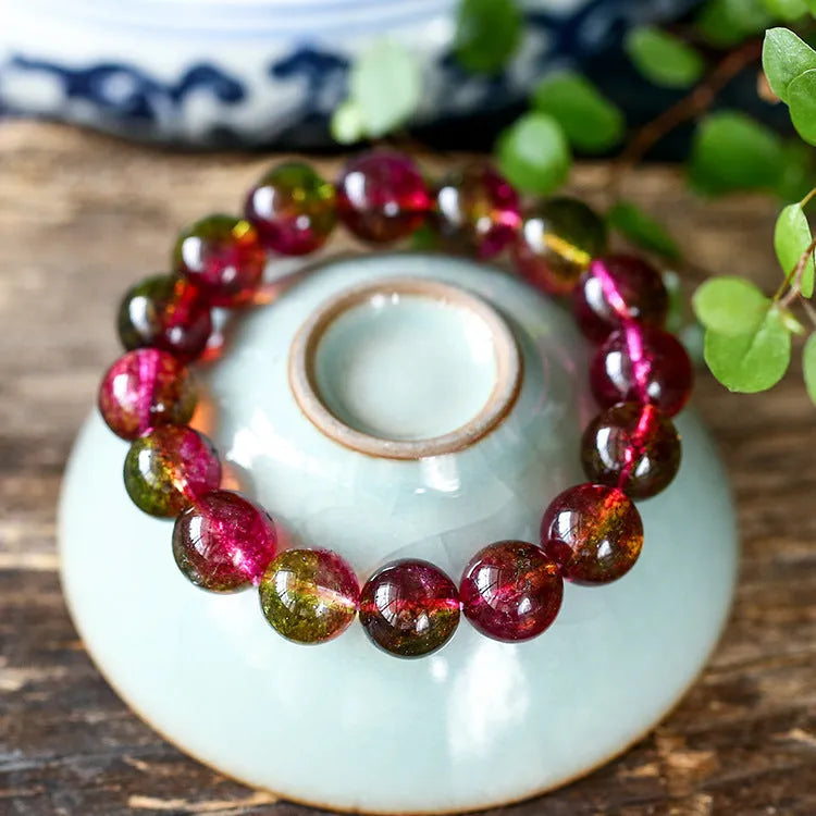 Handmade women's watermelon crystal bracelet in pastoral style with choice of bead sizes.