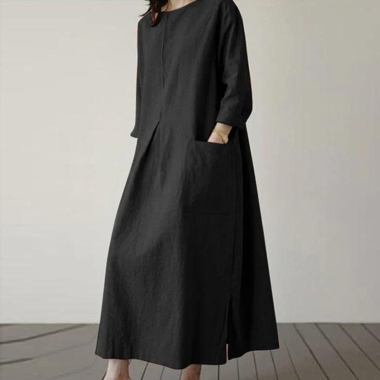 Elegant autumn dress made of premium cotton fabric, with a flattering wide waistline and available in a range of classic autumn colours.