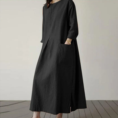 Elegant autumn dress made of premium cotton fabric, with a flattering wide waistline and available in a range of classic autumn colours.
