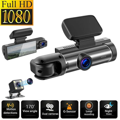 Dual-lens HD driving recorder with 3.5-inch LCD screen mounted on a car dashboard.