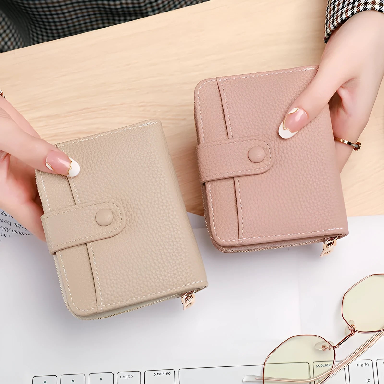 Women's solid colour PU short wallet in beige, showing lychee pattern and sewing thread detail.