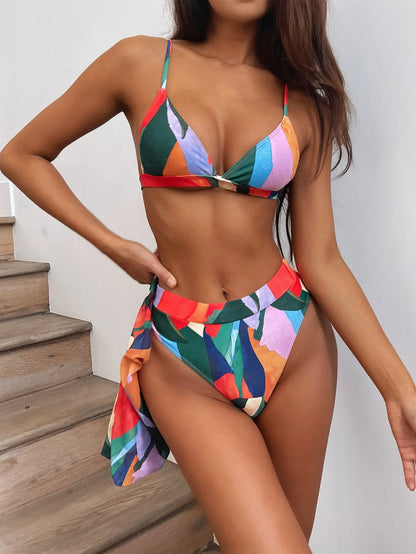 Red women's printed split swimsuit with briefs and bikini styling for swimming