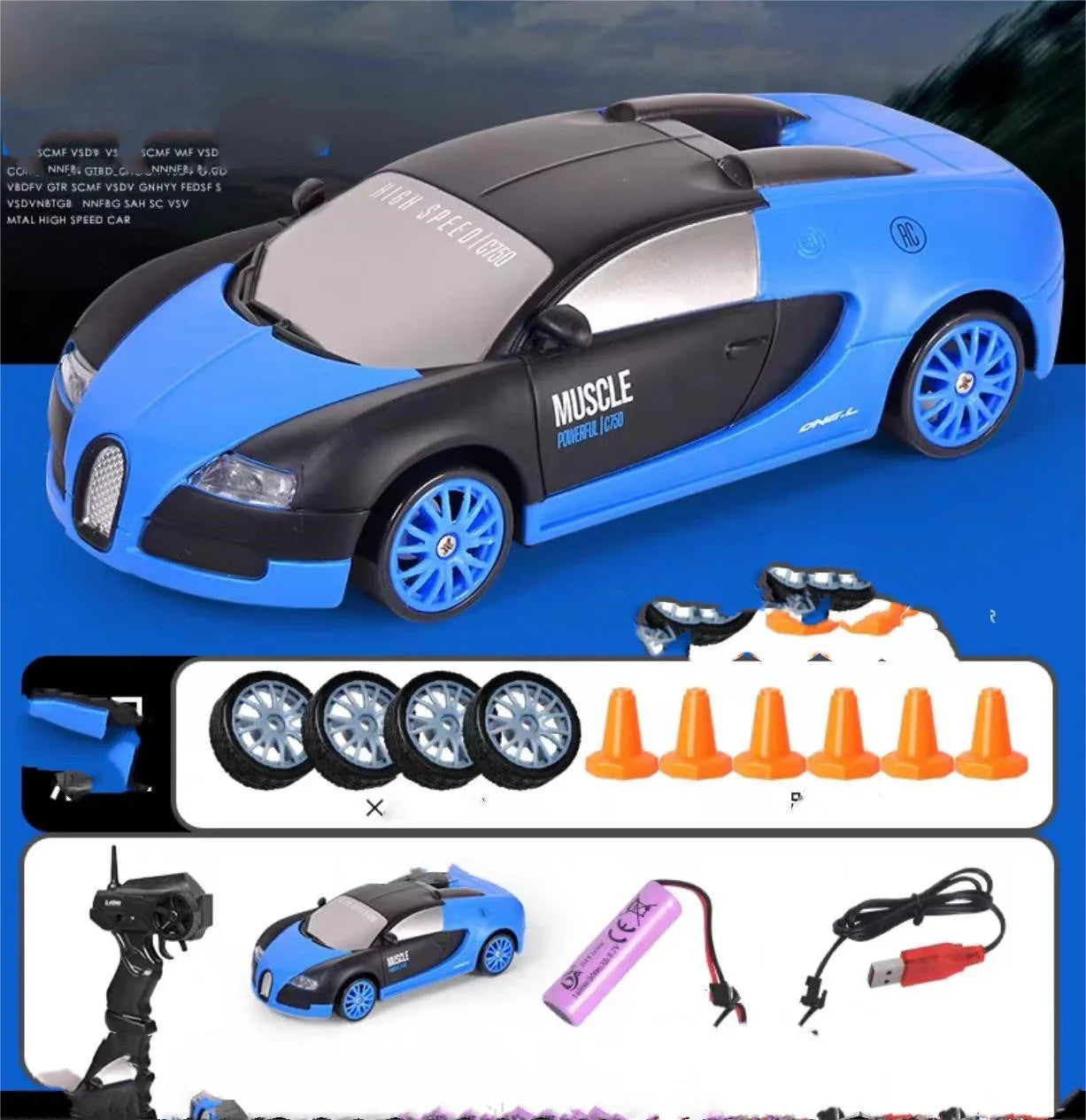 1:24 scale remote control drift car with powerful 4WD system, cool LED lights, and responsive 2.4 GHz remote for high-speed racing thrills