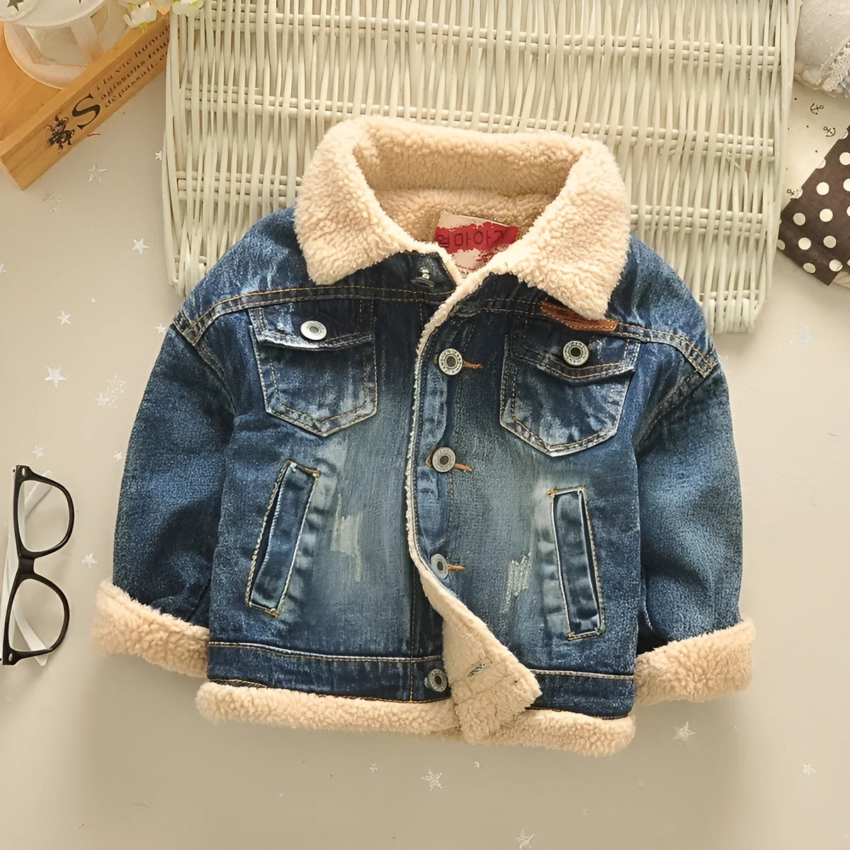 Children's denim jacket with faux fur collar, plus velvet lining, square collar, denim blue, Korean style, sizes 90-140cm