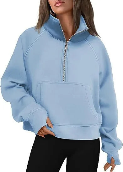 Women's loose lapel fleece-lined sweater in a solid colour with raglan long sleeves.