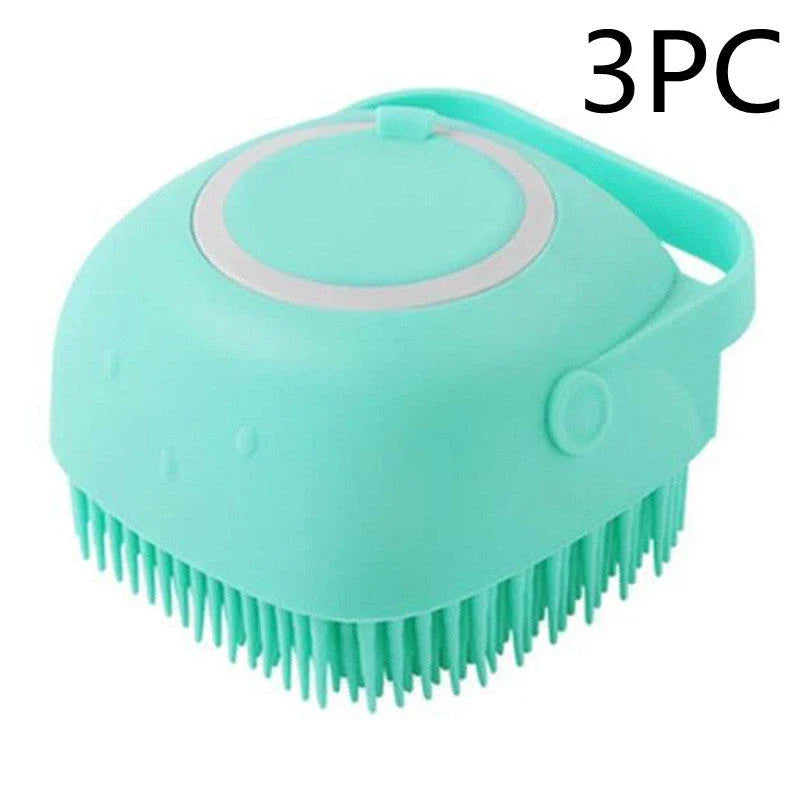 Silicone pet grooming gloves with shampoo dispenser for gentle bathing and massage