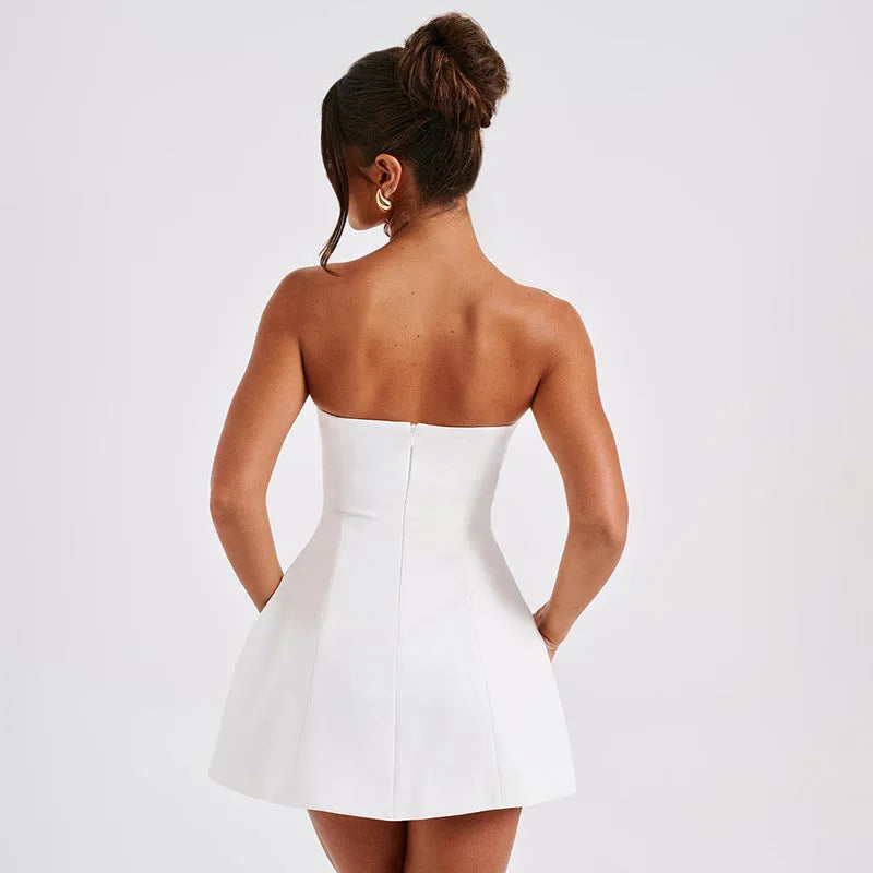 Women's solid colour backless tube dress with high waist A-line skirt