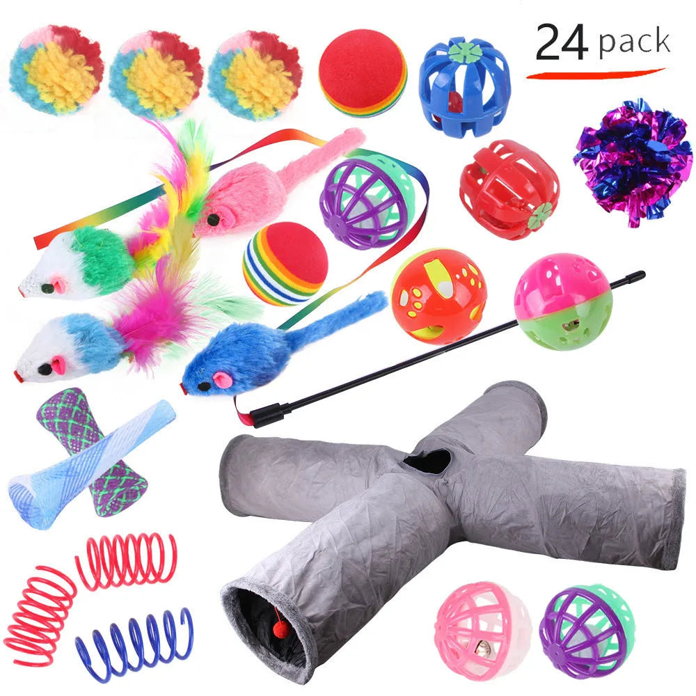 Plastic cat toy set with coloured tunnel channels and a ball for interactive indoor play.