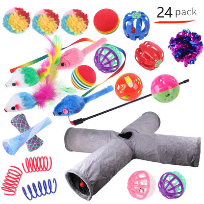 Plastic cat toy set with coloured tunnel channels and a ball for interactive indoor play.