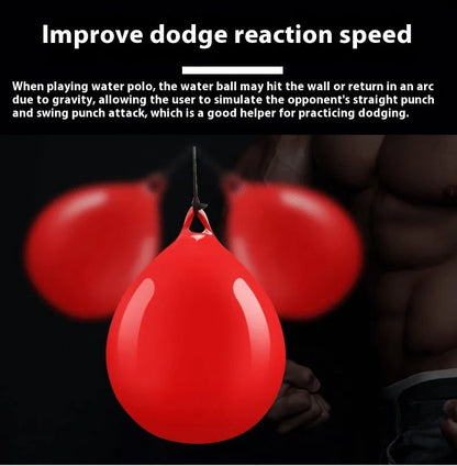 Red water-filled PVC boxing reaction ball with hook rope for hanging speed training drills.