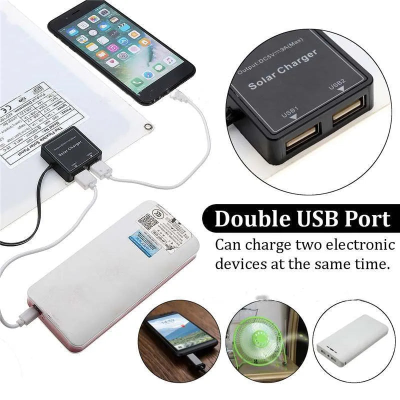Polysilicon solar panel with dual USB ports for outdoor charging of mobile phones and tablets.