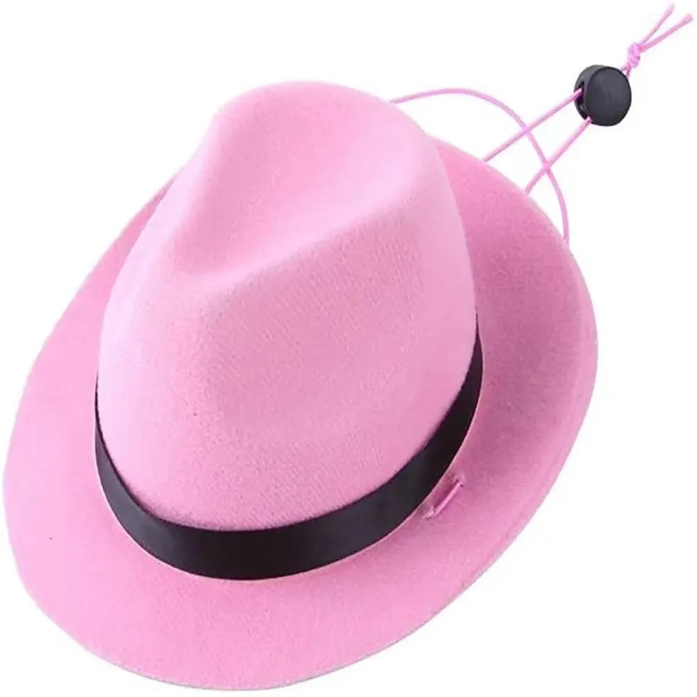 Hand-crafted wool felt mini pet hat in denim style with hairpin, shown in pink colour.
