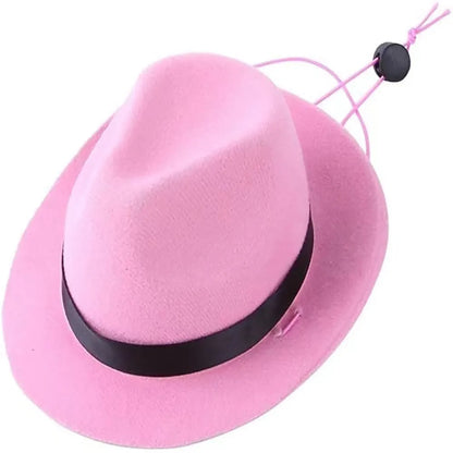 Hand-crafted wool felt mini pet hat in denim style with hairpin, shown in pink colour.