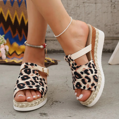 Leopard print wedge platform sandals with fish mouth toe in beige, yellow and light green colours