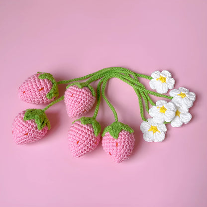 Handmade knitted wool crochet strawberry pendant necklace on a 35cm cord.