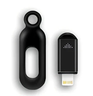 Black mobile phone infrared remote control learning device measuring 42mm by 14mm by 8mm with smartphone connection